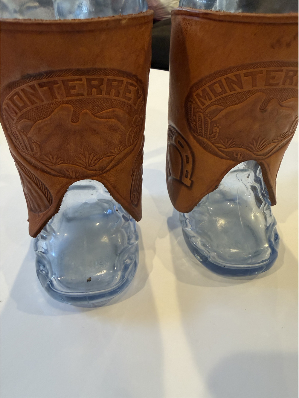 Set of 2 Clear vintage Glass Beer Mugs monterrey Leather Wraps antique unique